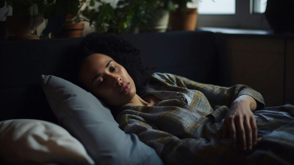 Woman experiencing low energy at home, emphasizing the importance of winter health tips for mood, rest, and self-care.